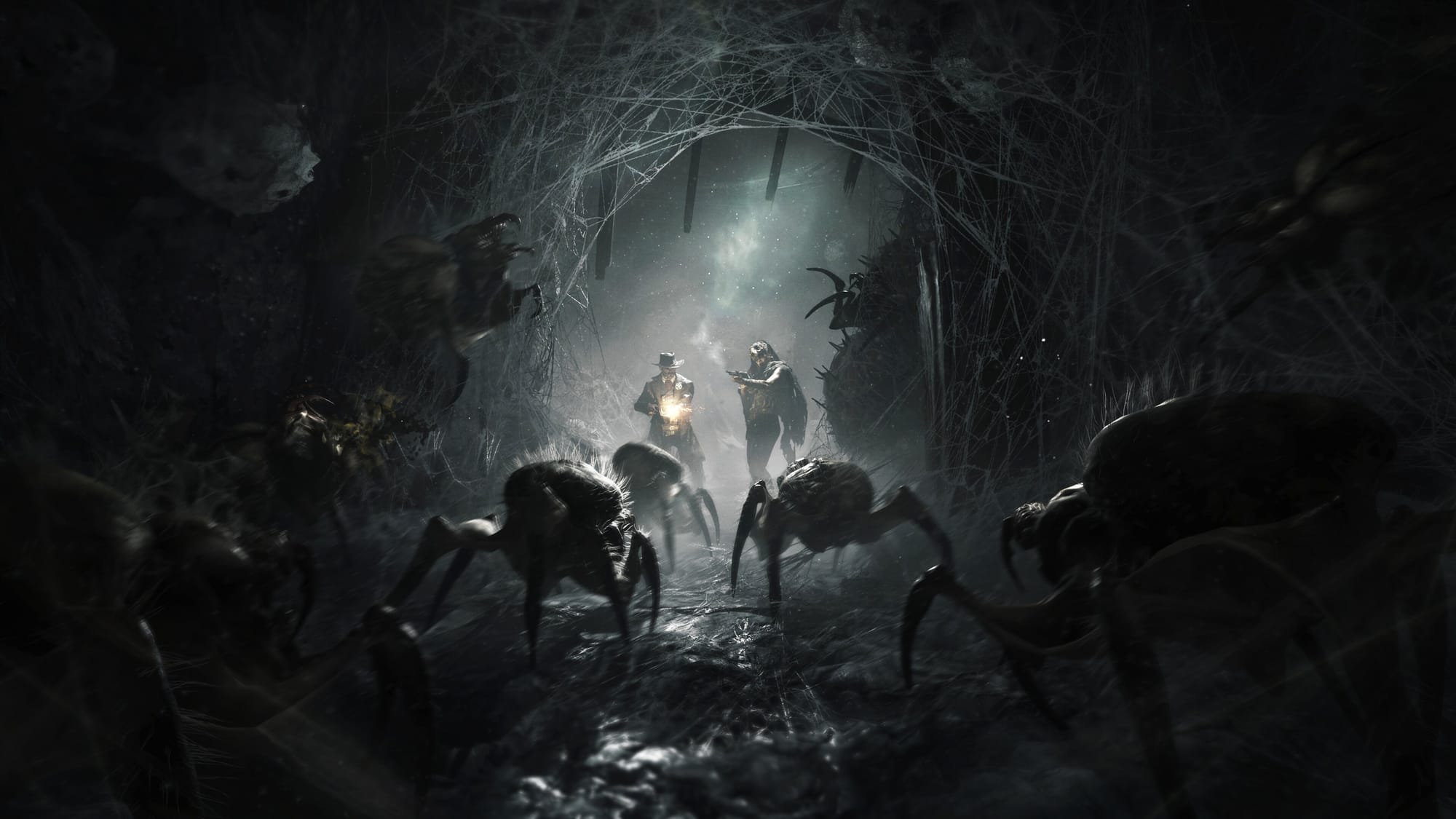 Двое путников с фонарем окружены гигантскими пауками Hunt: Showdown 1896