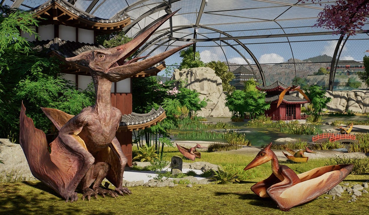 Птеранодоны сидят под большим сетчатым куполом в Jurassic World Evolution 3