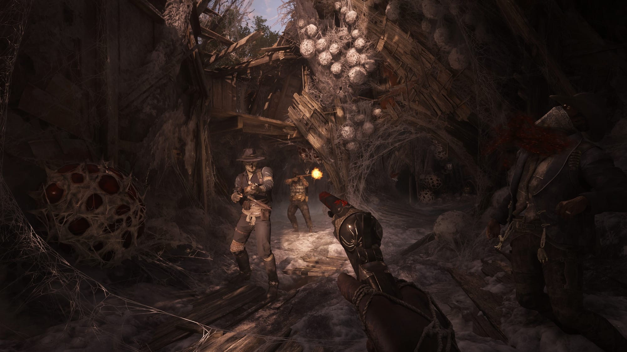 Герои в перестрелке внутри разрушенного здания Hunt: Showdown 1896