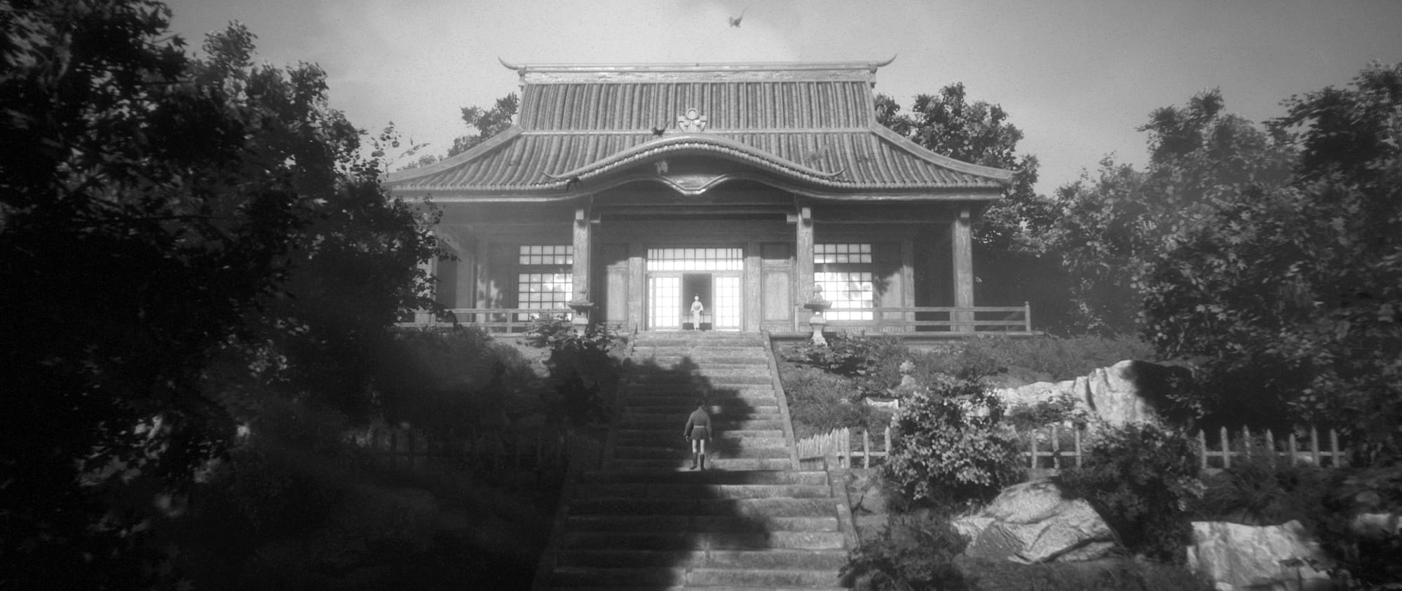 самурай стоит на лестнице Trek to Yomi