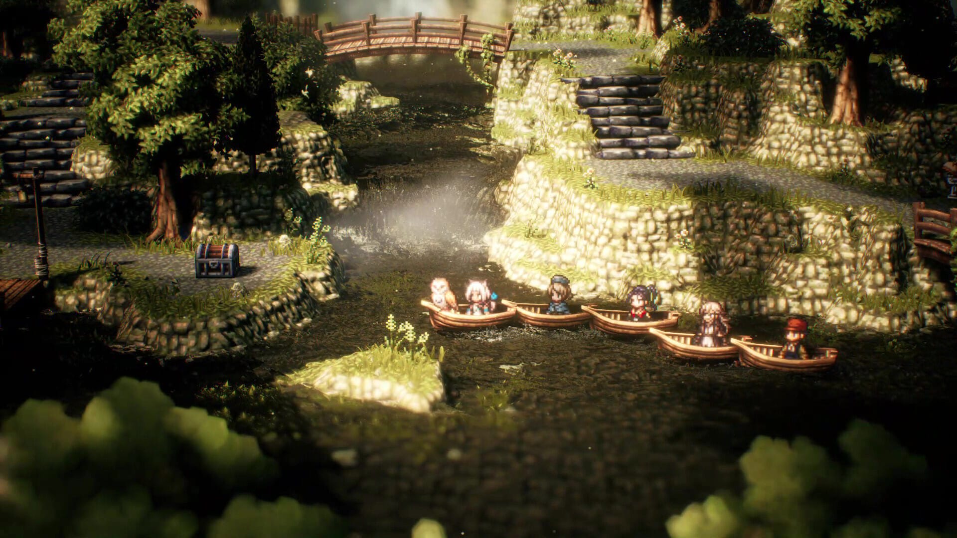герои сидят в лодках Octopath Traveler 2