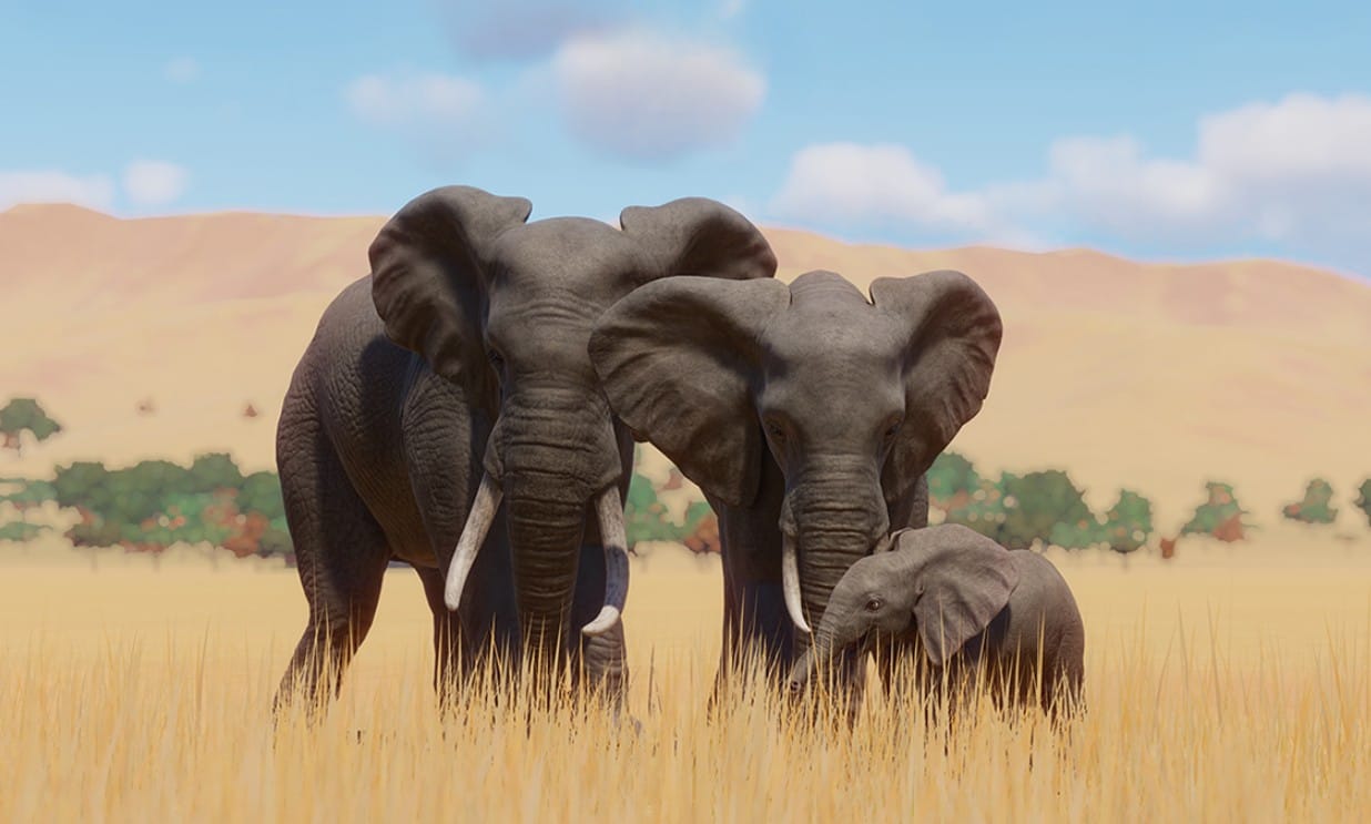 Два взрослых слона и слоненок стоят на сухой травянистой саванне Planet Zoo