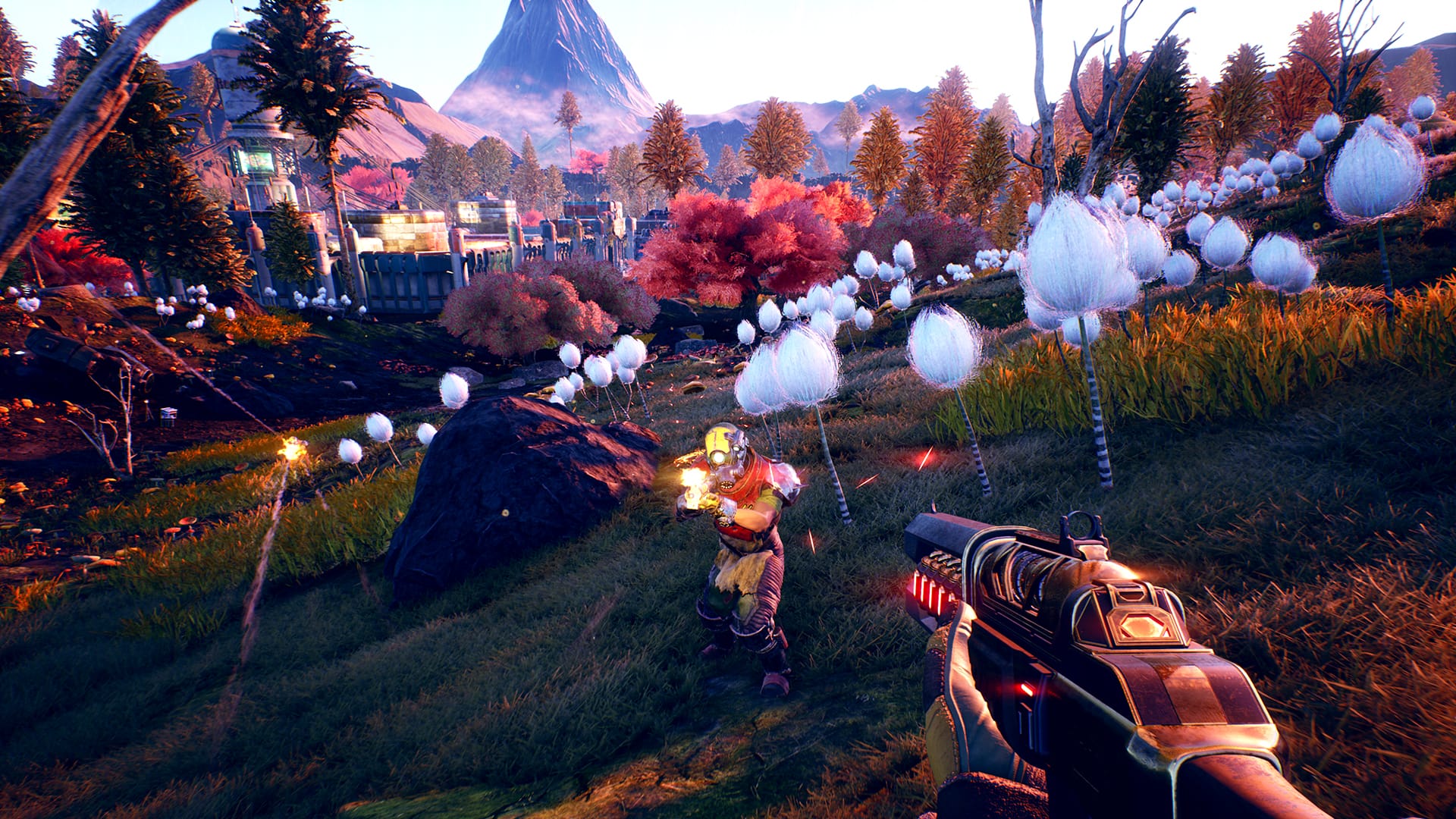 бой с красивым пейзажем в The Outer Worlds