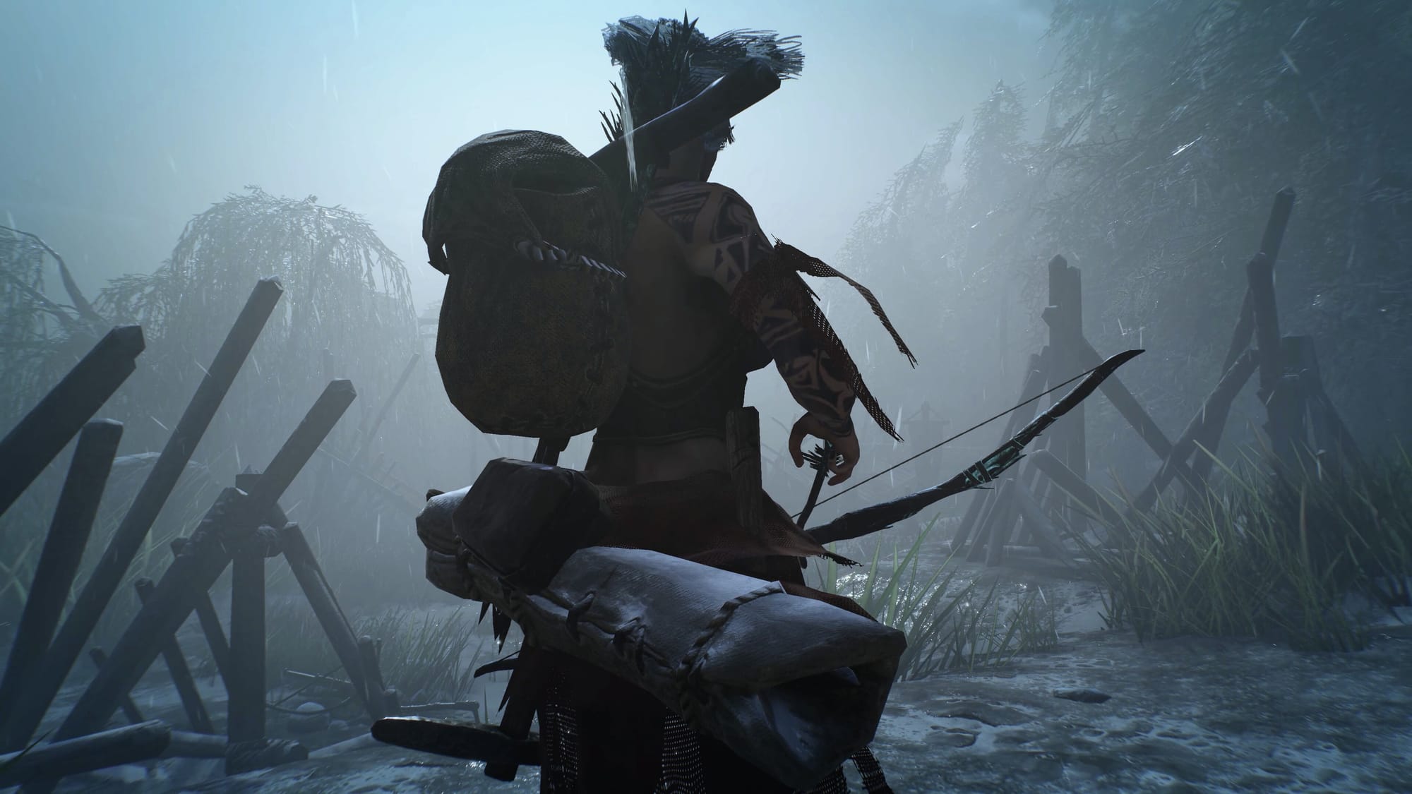 воин с луком и стрелами ASKA идет сквозь туманный лес 