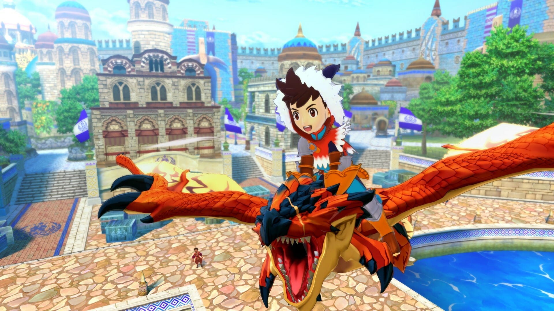 персонаж летит на драконе Monster Hunter Stories