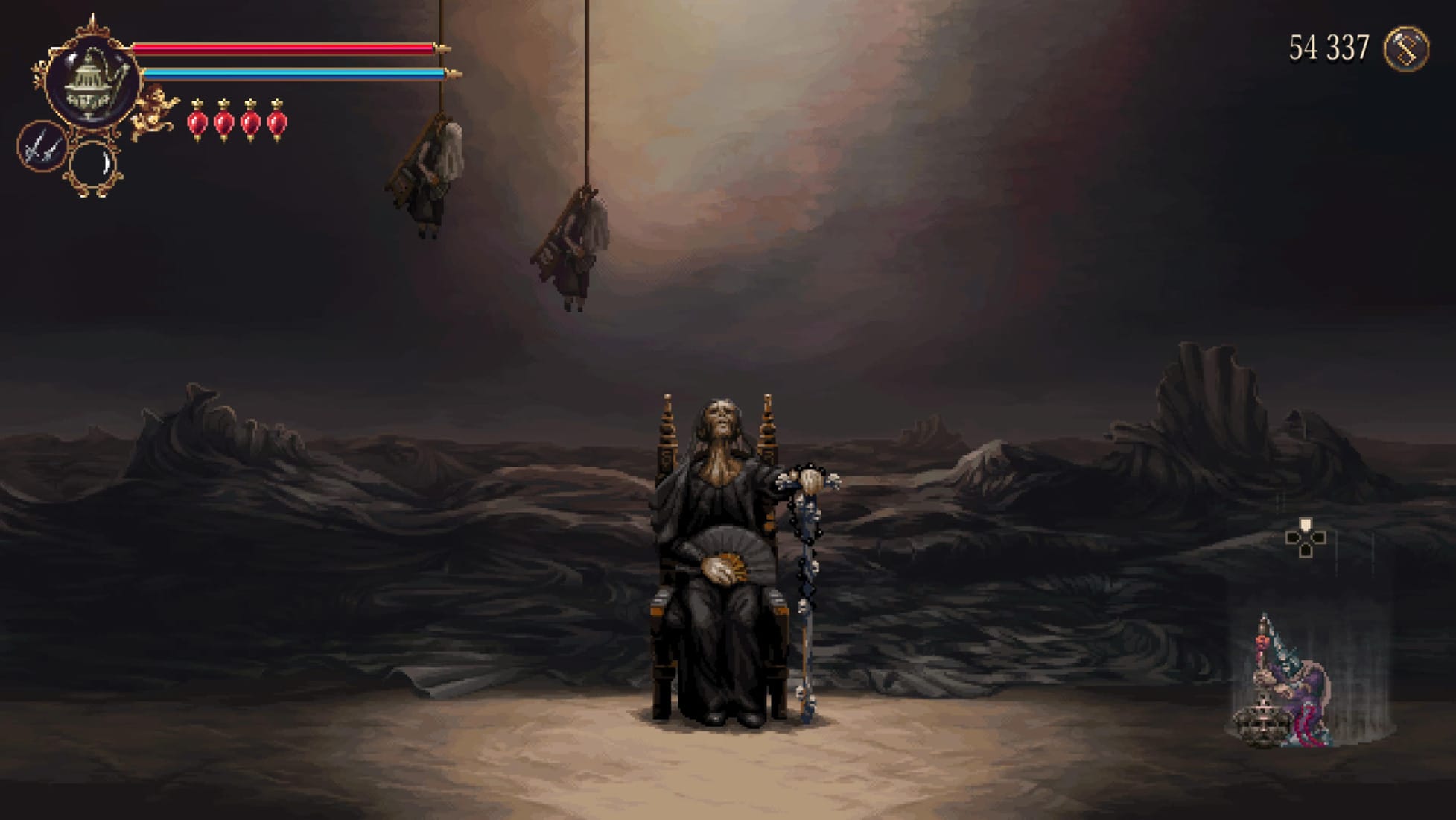 мумия сидит на троне в Blasphemous 2 геймплей