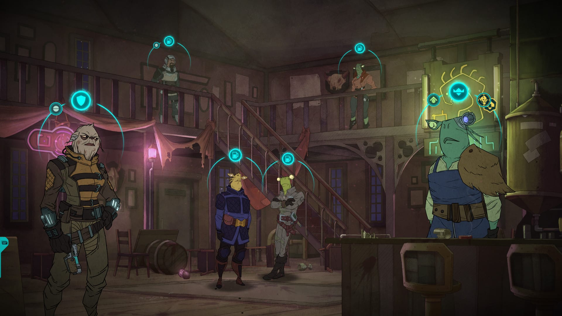 группа разнообразных персонажей собрана в интерьере таверны Griftlands