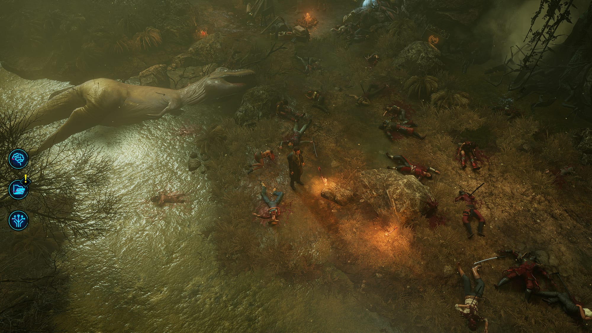 Тираннозавр лежит поверженный посреди поля боя  Gamedec