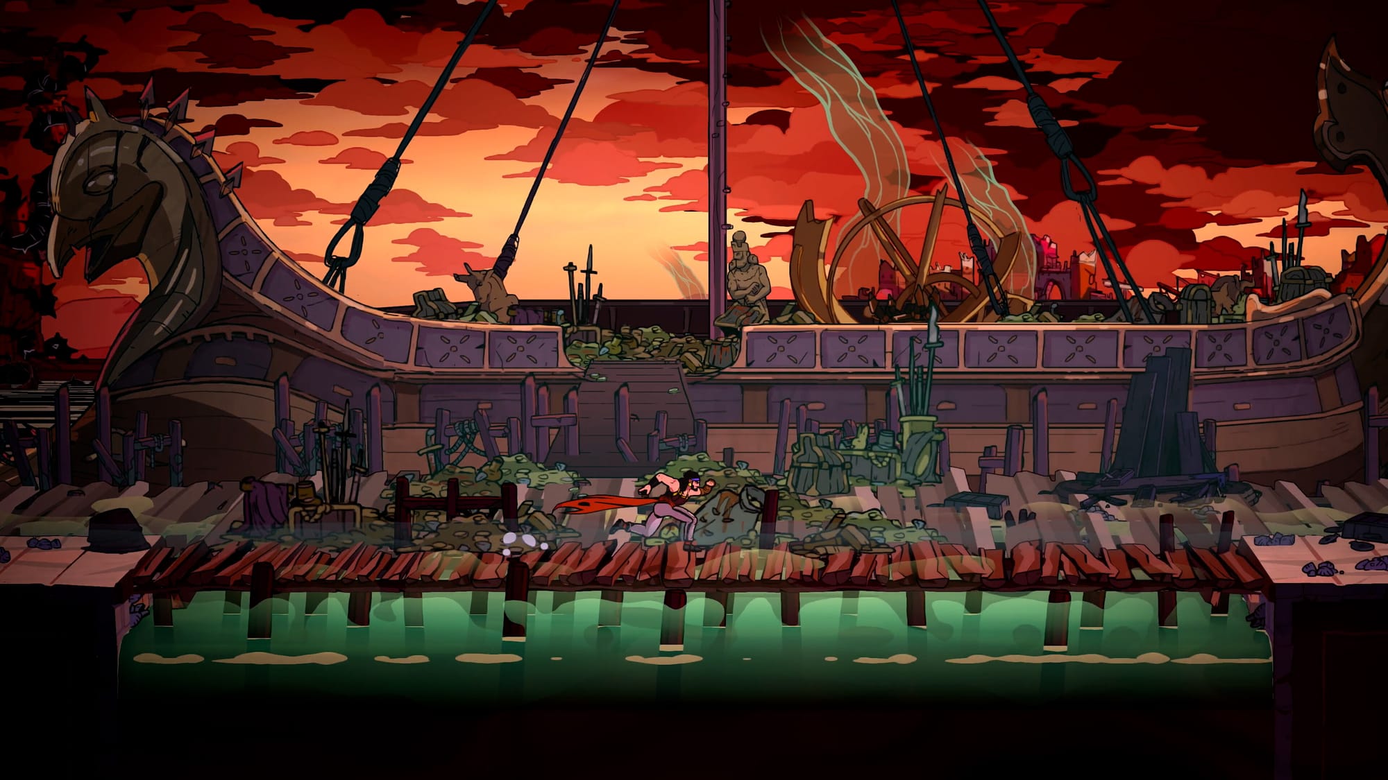 Персонаж бежит по деревянному настилу на фоне разрушенного корабля-драккара