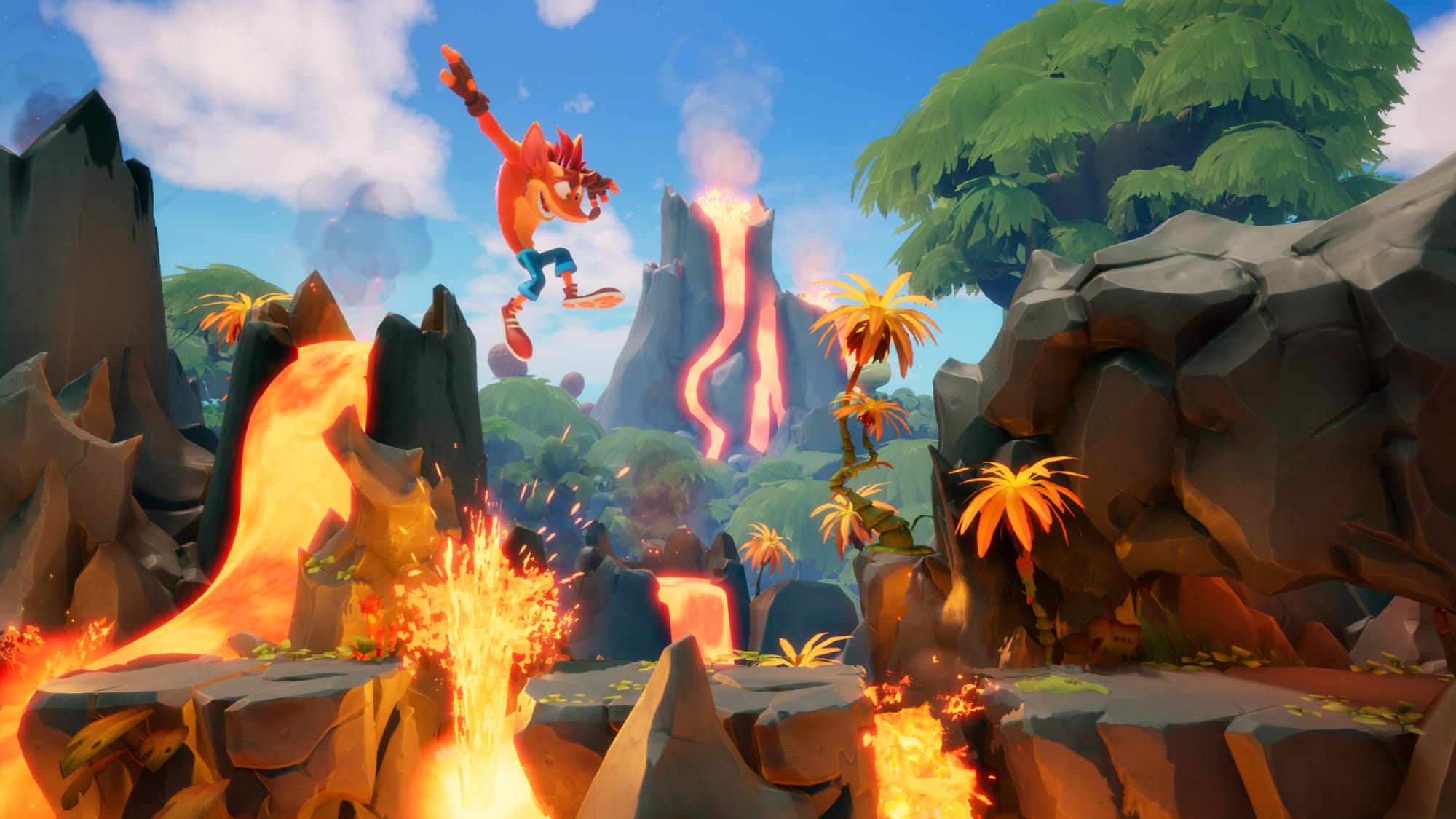 Крэш перепрыгивает огненную лаву Crash Bandicoot 4: It’s About Time