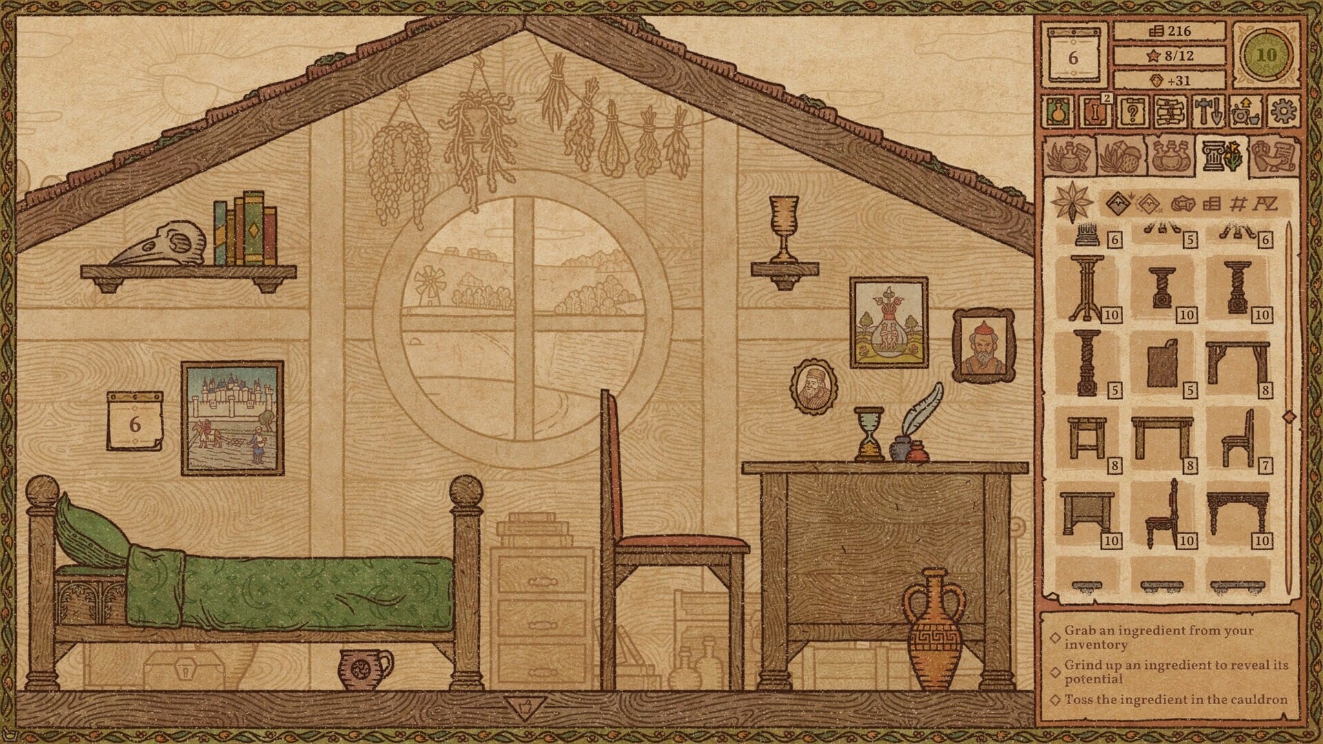 обустройство комнаты и выбор мебели Potion Craft: Alchemist Simulator