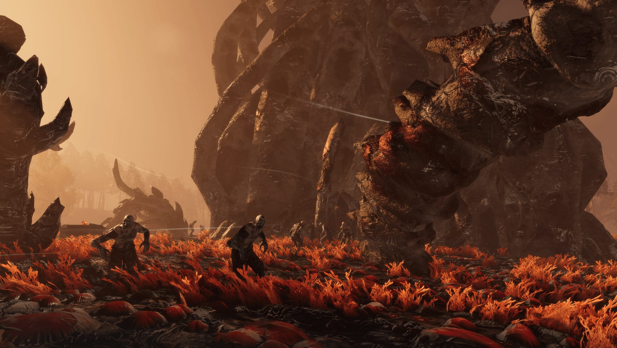 Два воина ASKA противостоят колоссальному окровавленному монстру