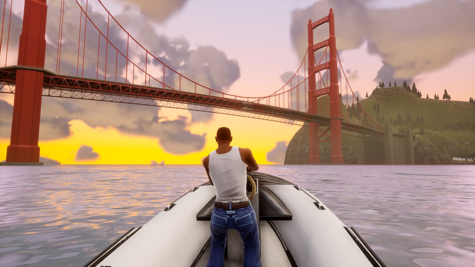 персонаж едет на лодке в Grand Theft Auto: San Andreas