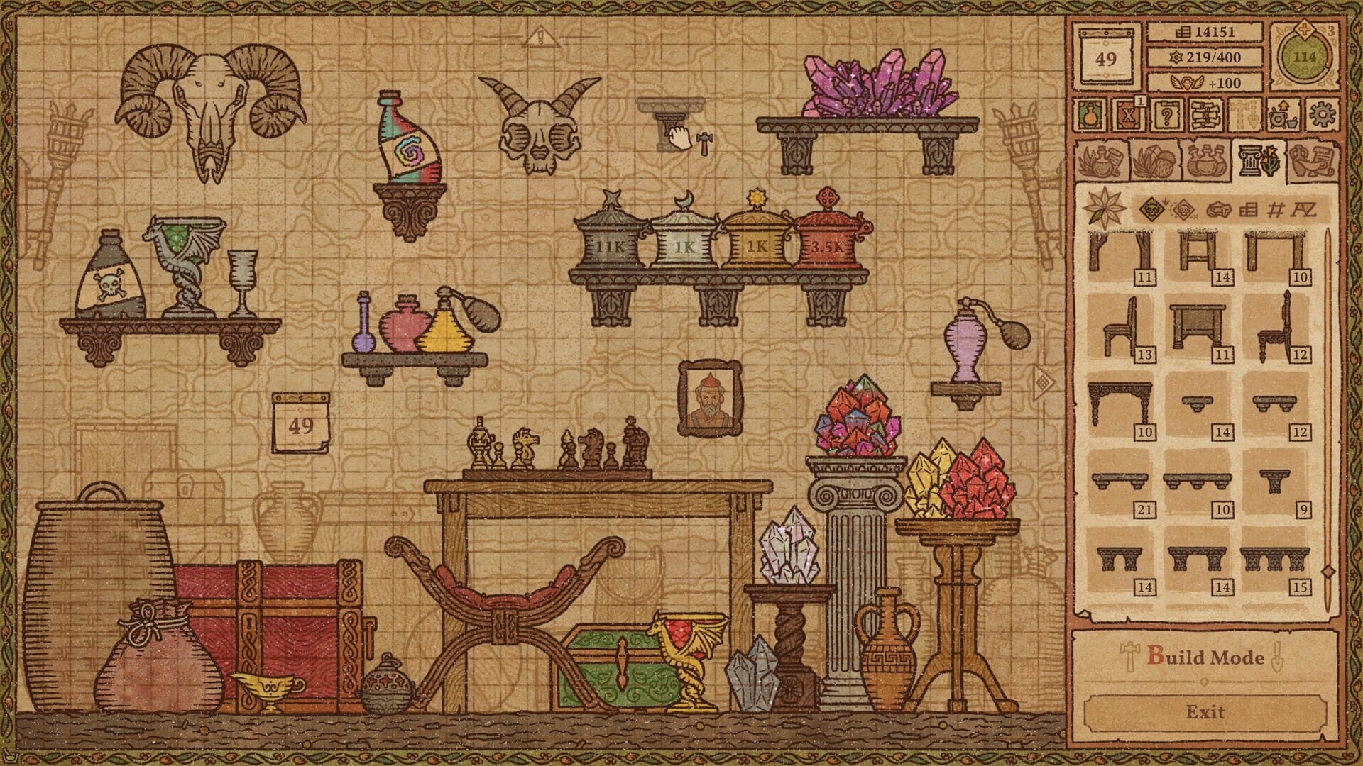 выбор мебели для бутылочек и емкостей Potion Craft: Alchemist Simulator