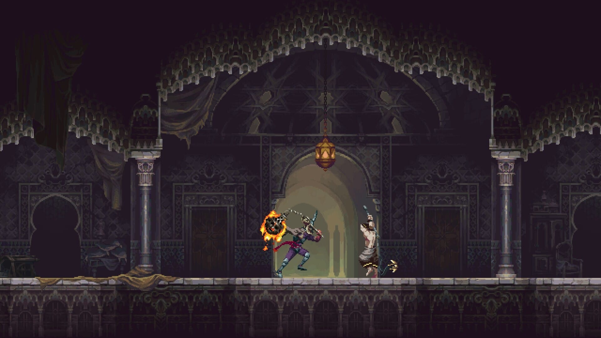 битва с соперником в темном зале Blasphemous 2