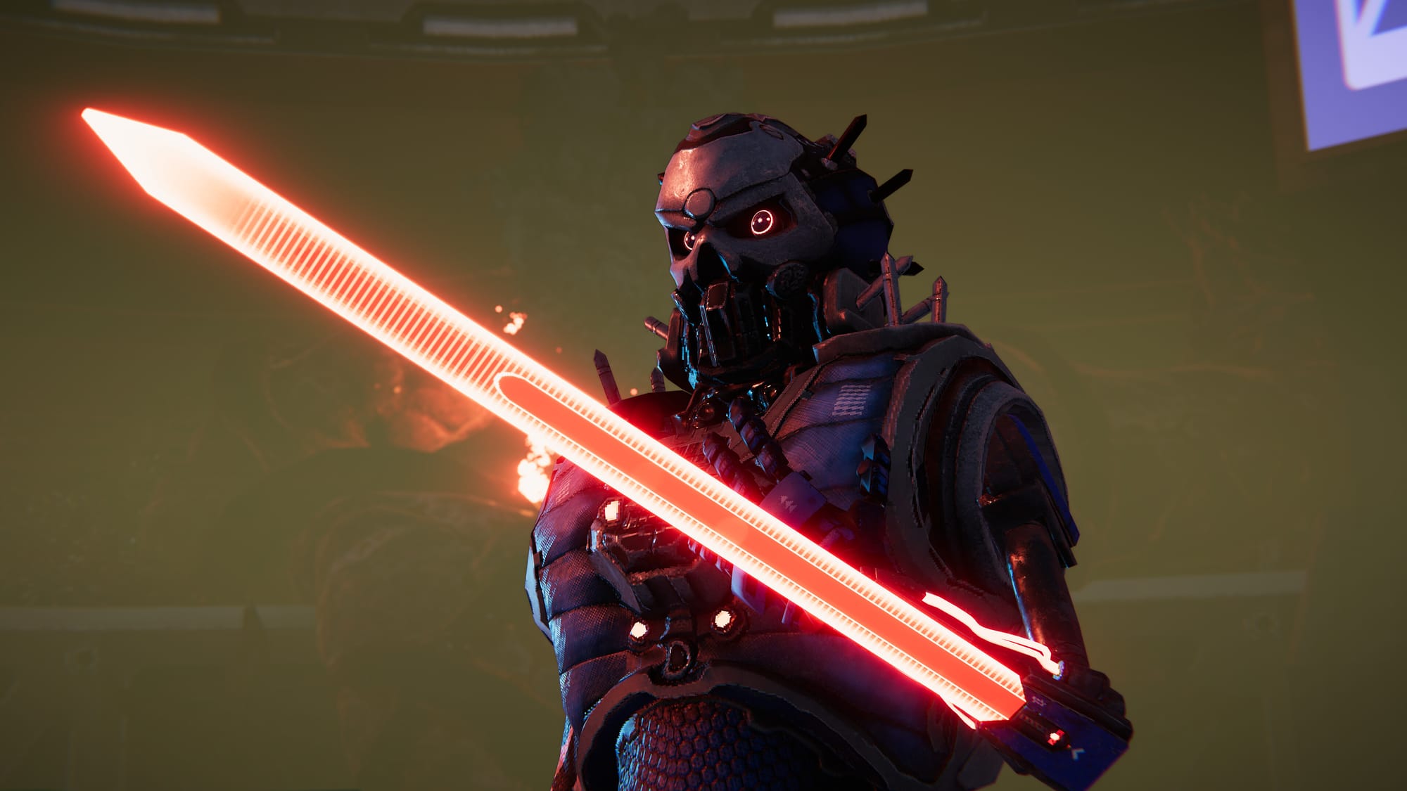 персонаж Turbo Overkill держит светящийся меч 