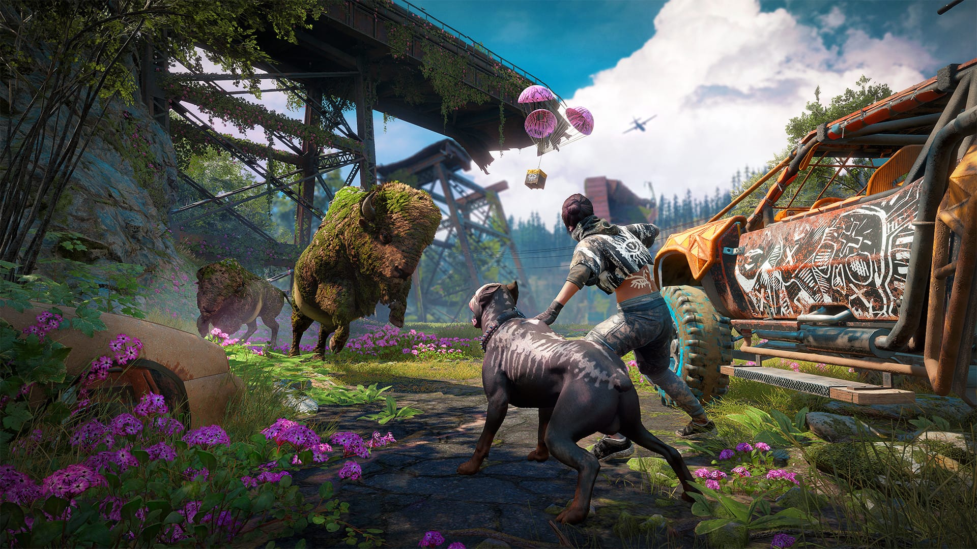 персонаж с собакой против растительных буйволов в Far Cry New Dawn