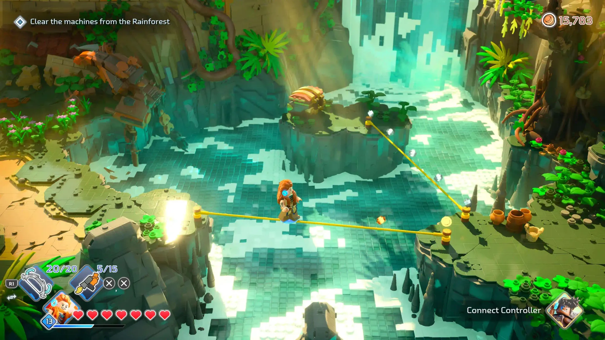 герой по веревке переходит реку в Lego Horizon Adventures