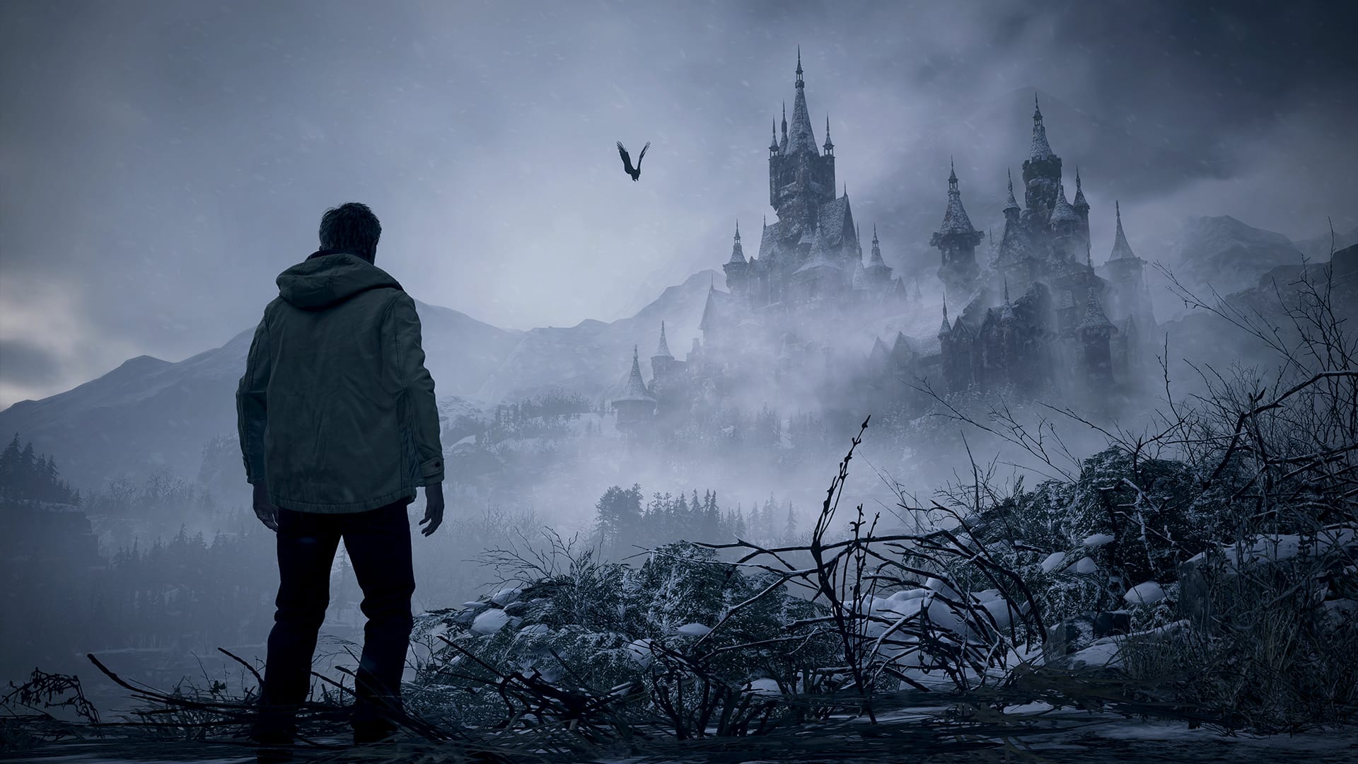герой смотрит на туманный замок в Resident Evil Village