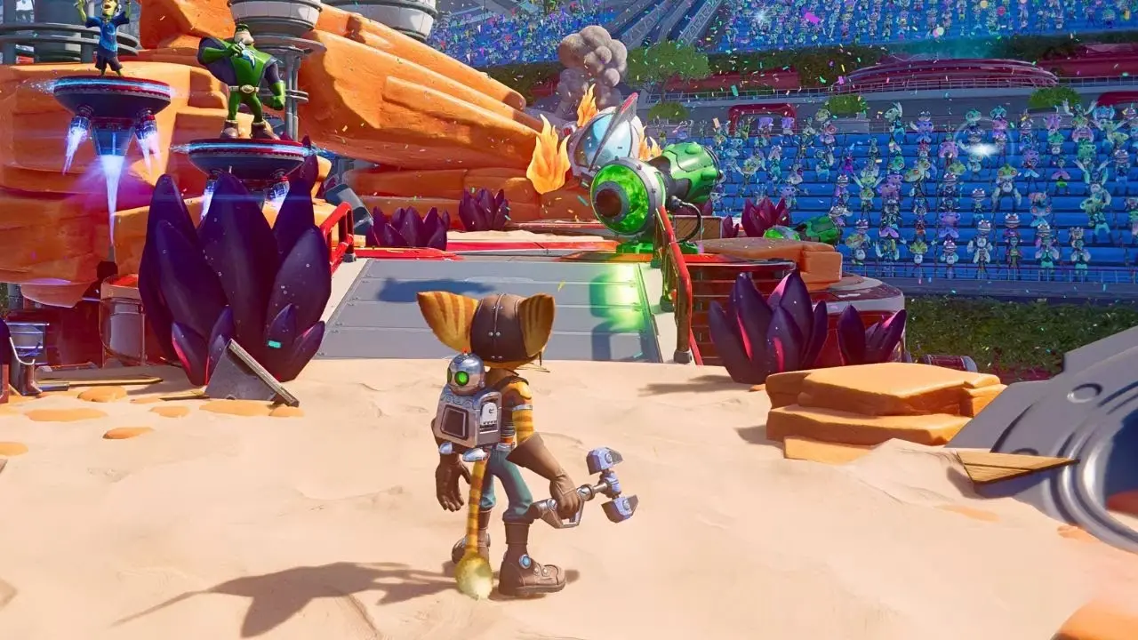 Ривет стоит со своим молотком в Ratchet & Clank: Rift Apart