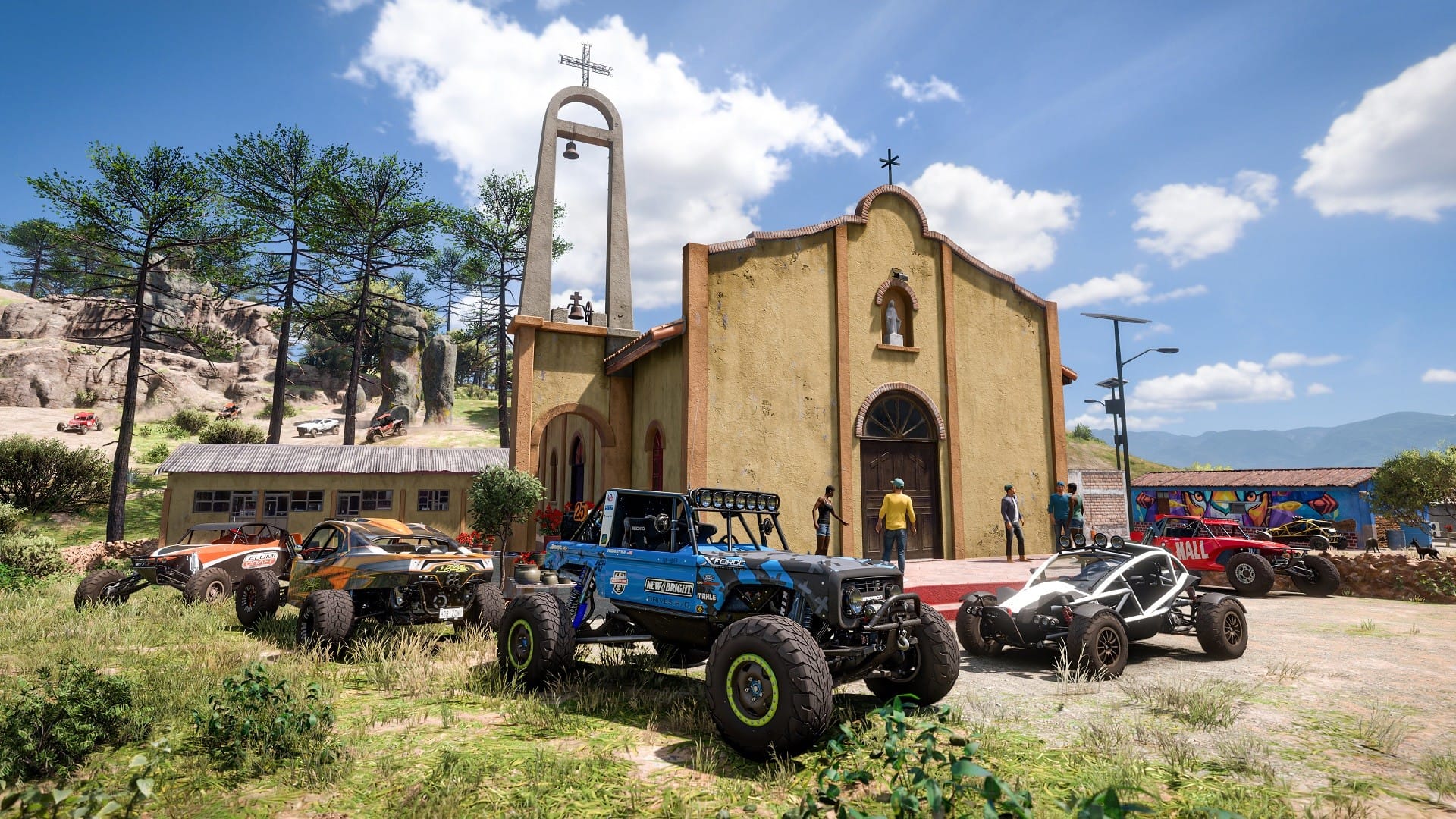 багги стоят у церкви в Forza Horizon 5
