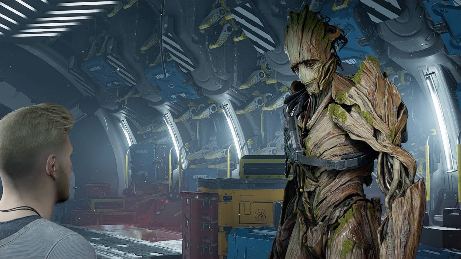 Персонаж смотрит на Грута Marvel's Guardians of the Galaxy