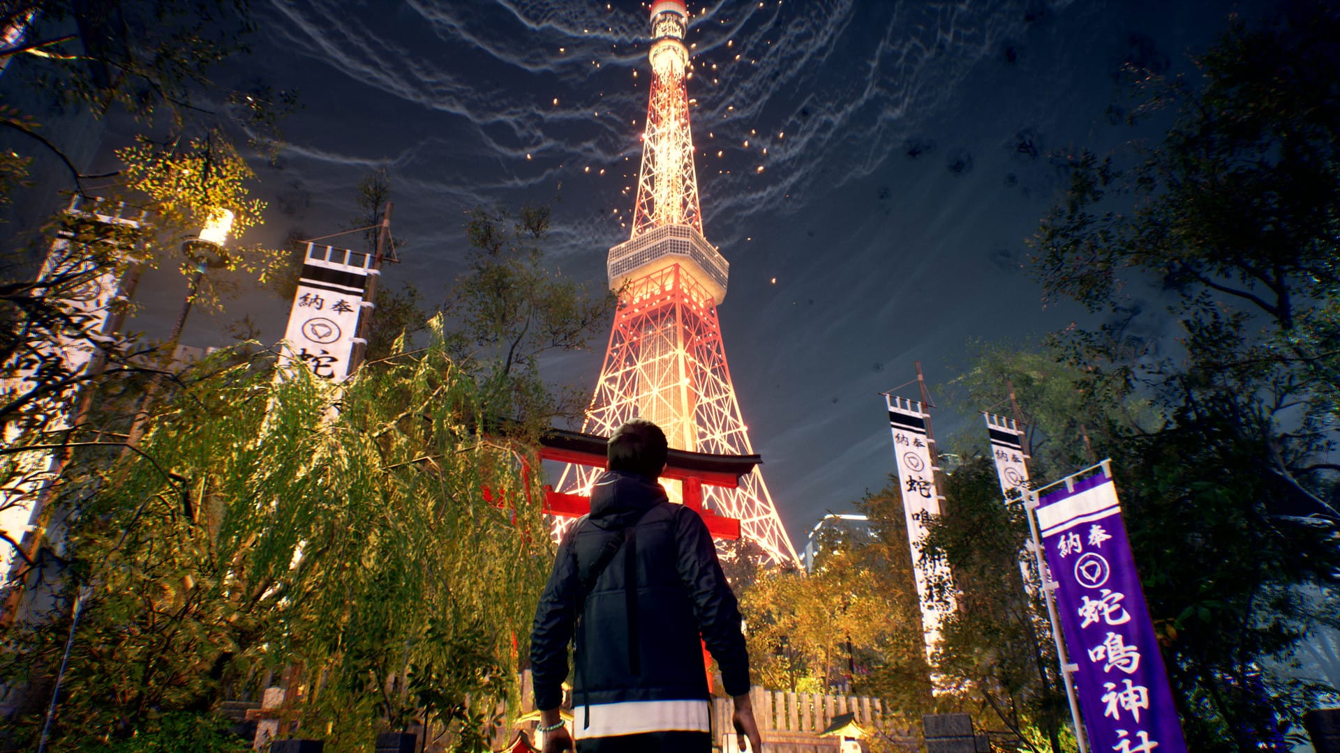 герой смотрит на башню Ghostwire: Tokyo