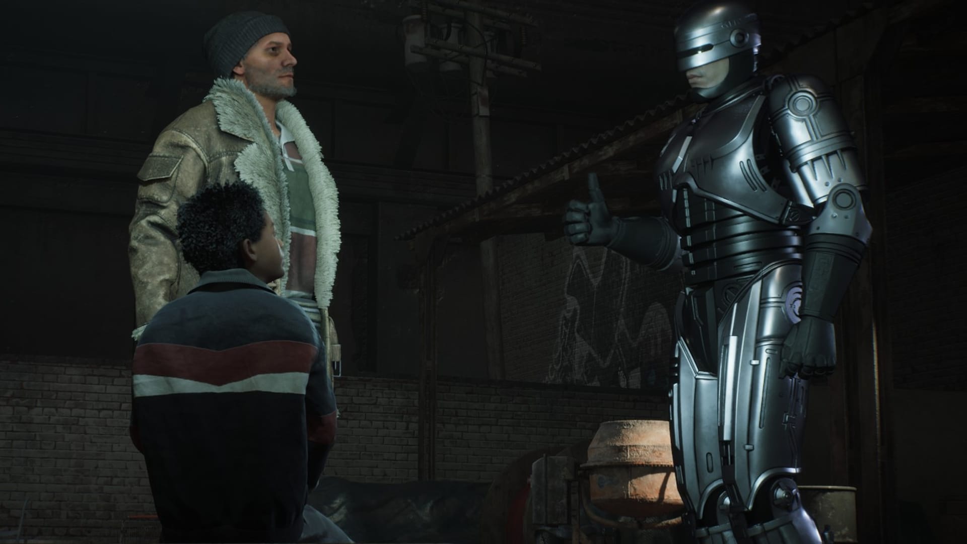 Робокоп показывает палец вверх своим гостям RoboCop: Rogue City
