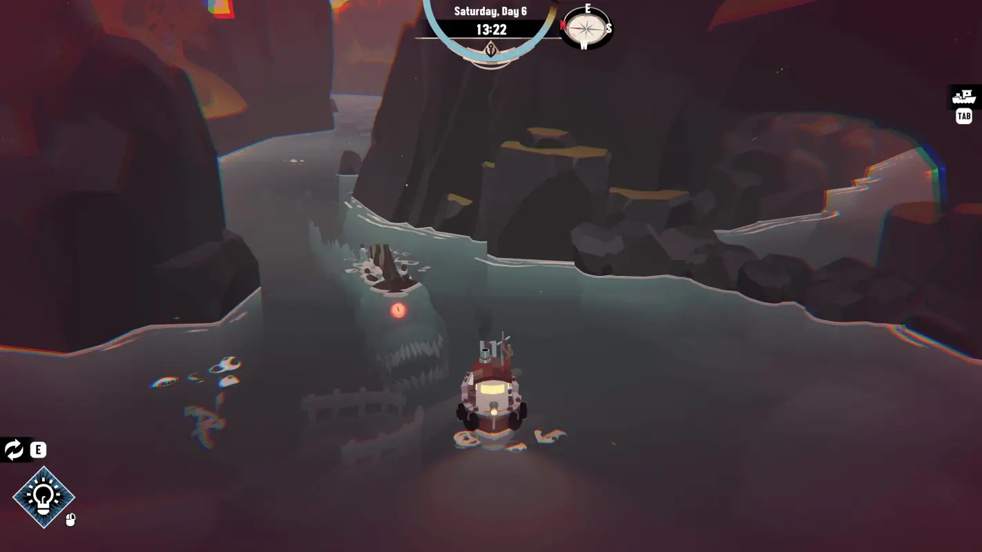 персонаж плывет среди ущелья в Dredge