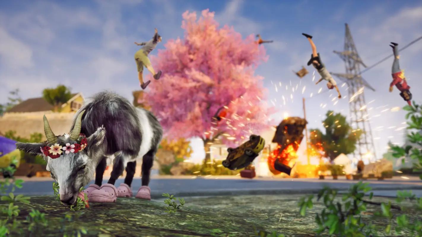 козел кушает травку во время взрывов в Goat Simulator 3