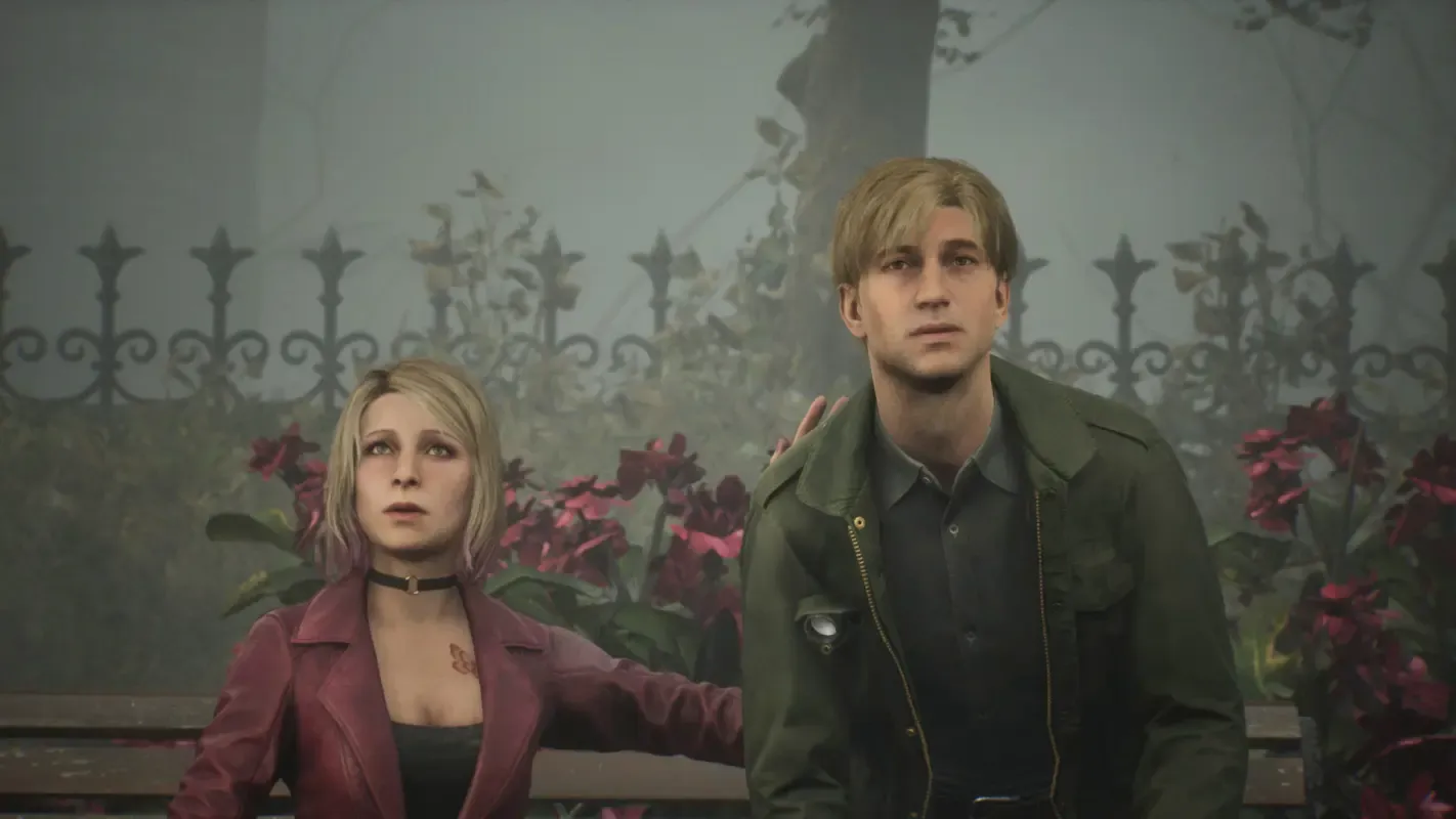 Джеймс и Мария сидят на лавочке в Silent Hill 2