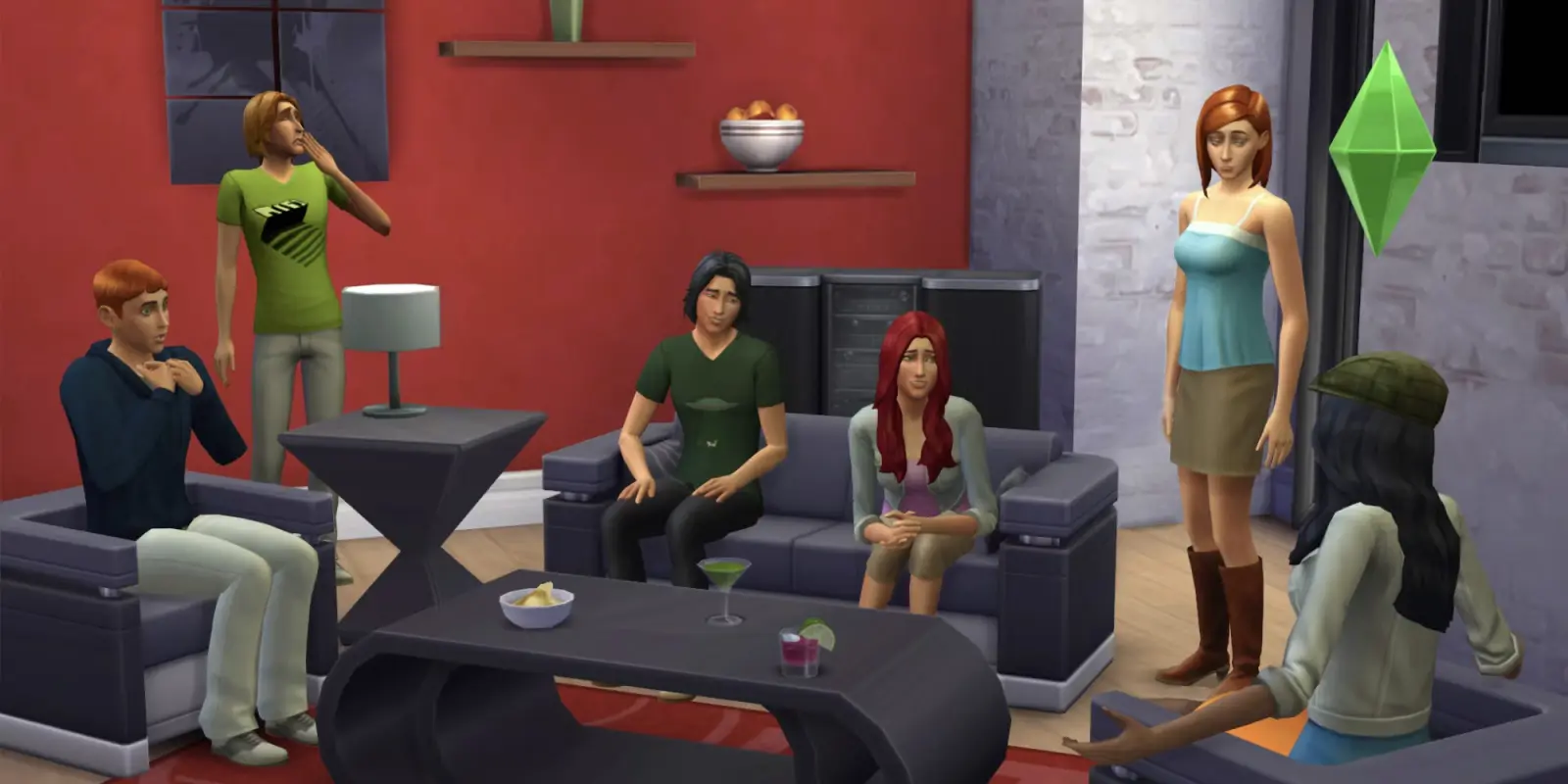 друзья общаются в комнате в The Sims 4