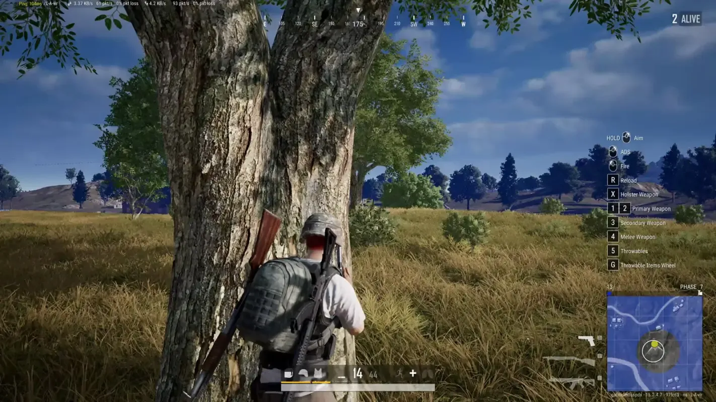 персонаж на полянке прячется за деревом в PUBG