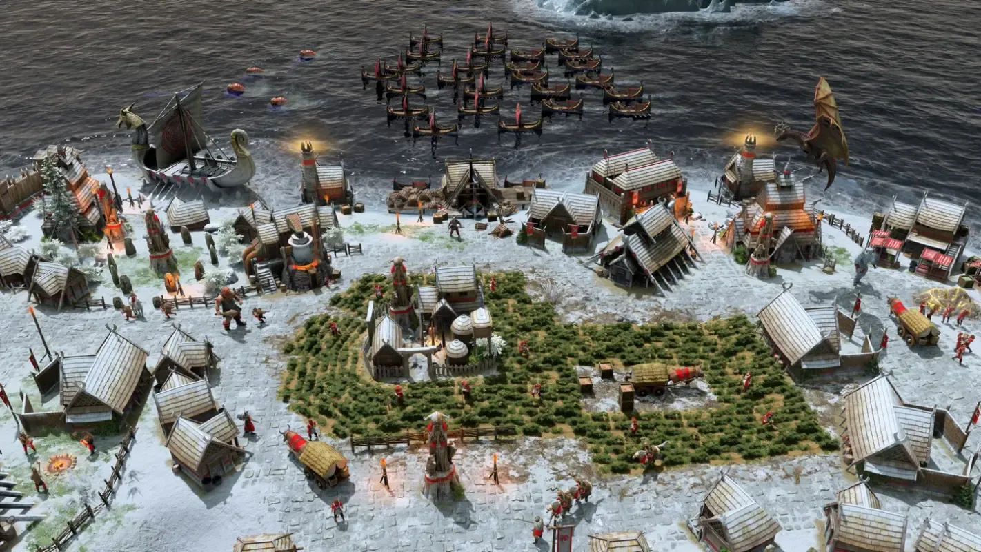 дракон летает над деревней в Age of Mythology: Retold