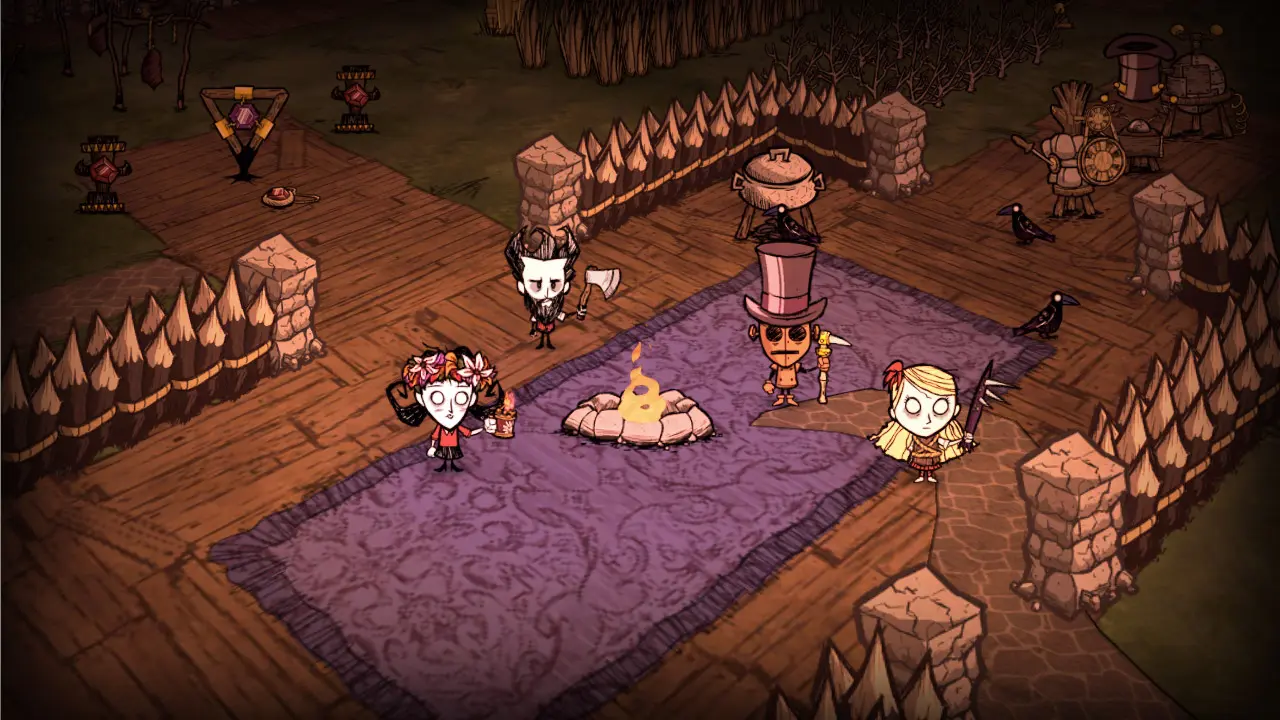 герои стоят на ковре и жгут костер в Don't Starve Together