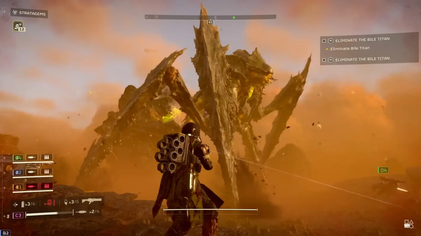 звездный воин уничтожает громадного жука в Helldivers 2