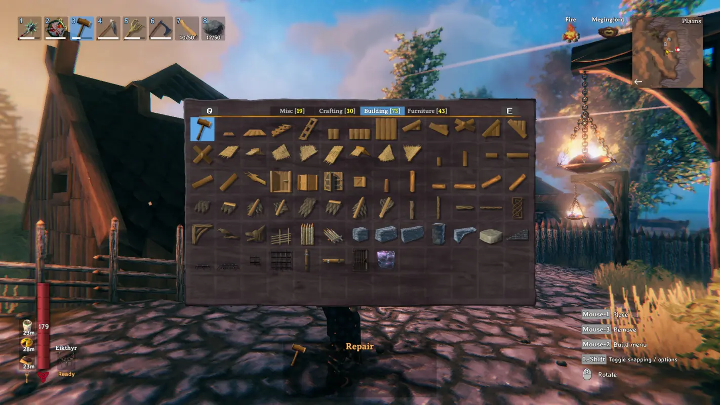 строительство хижины в Valheim интерфейс