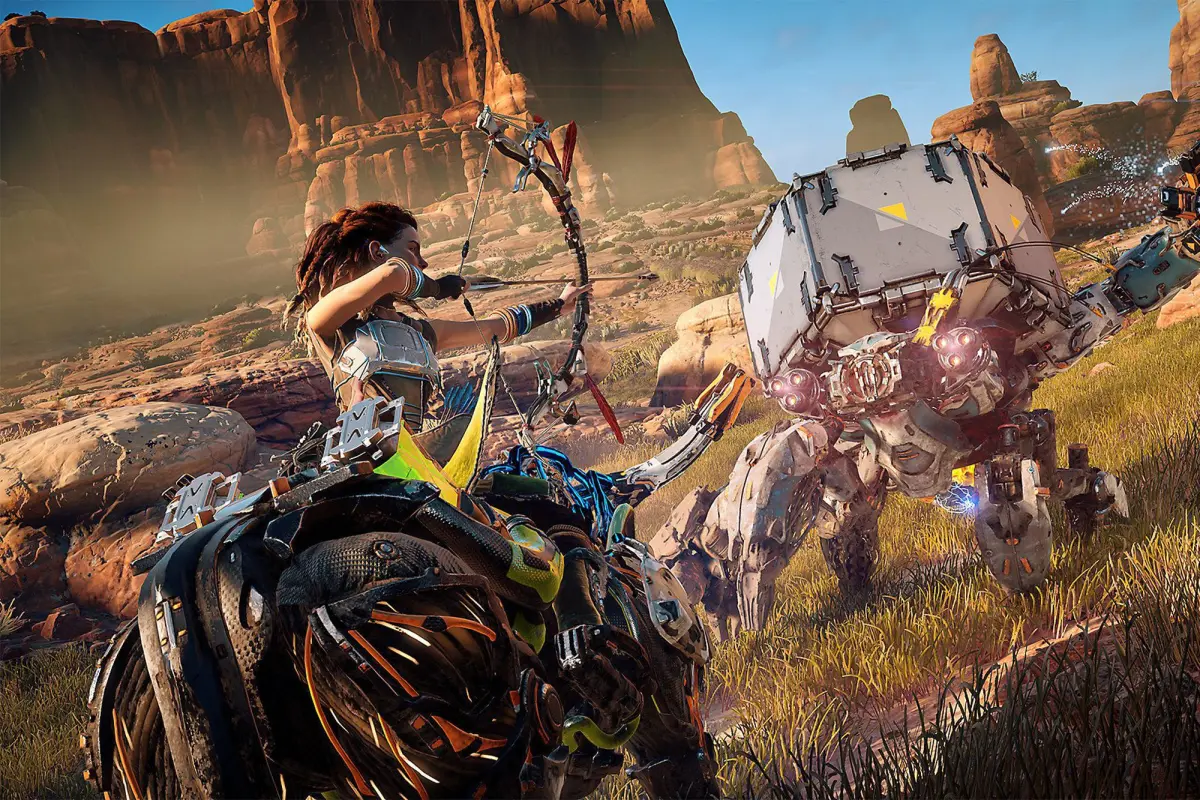 Элой против машинного монстра в Horizon Zero Dawn Remastered