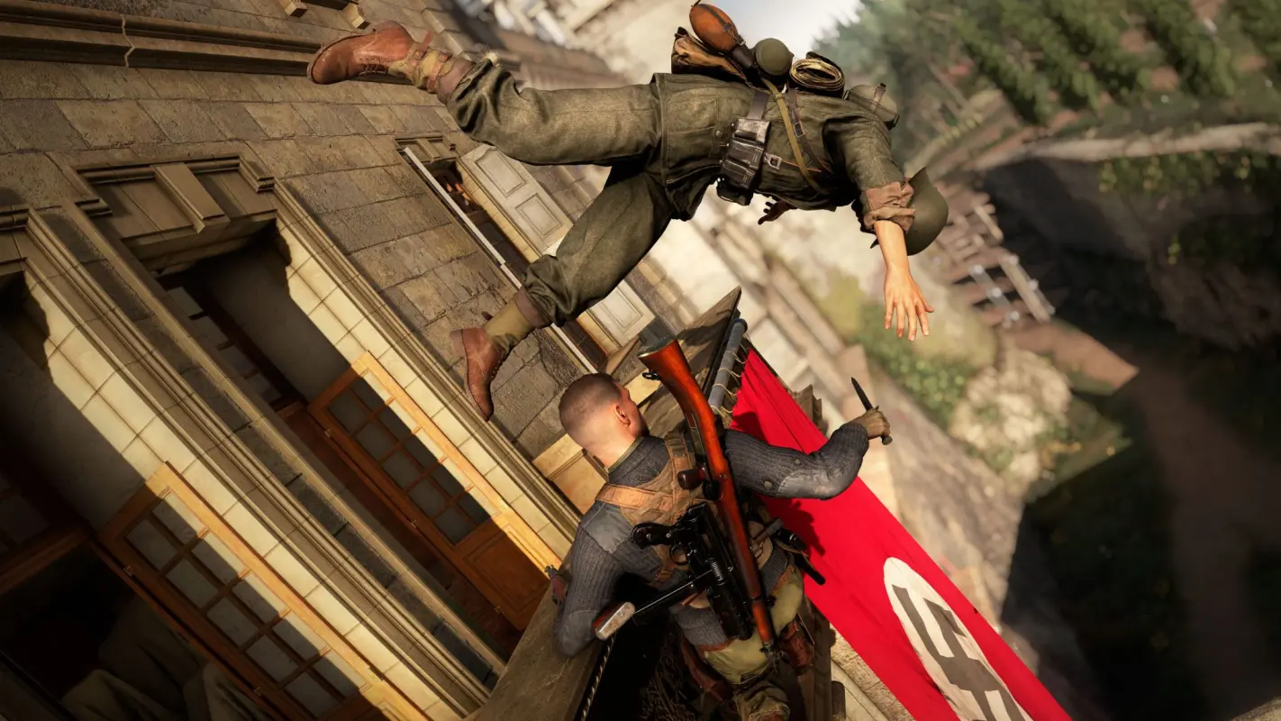 немец влетает из окна в Sniper Elite 5