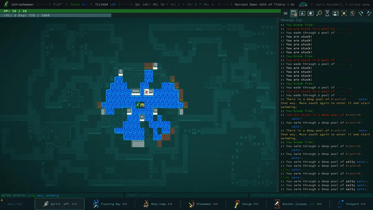 сражение с врагами в Caves of Qud
