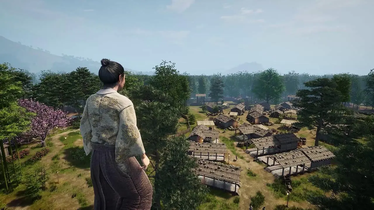 герой смотрит с высока на деревню в Sengoku Dynasty