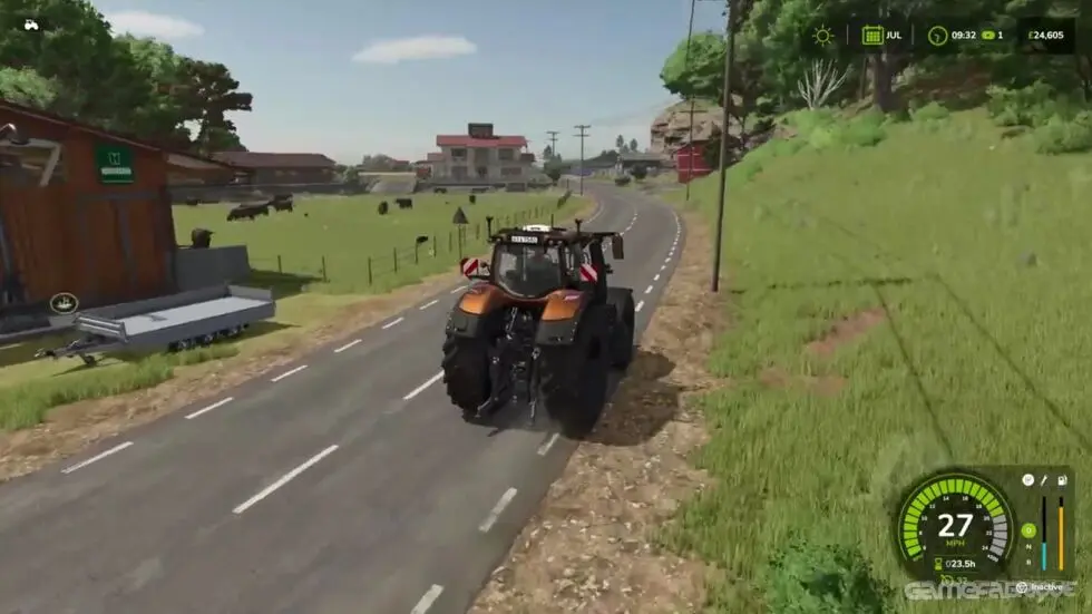 трактор едет по дороге в Farming Simulator 25