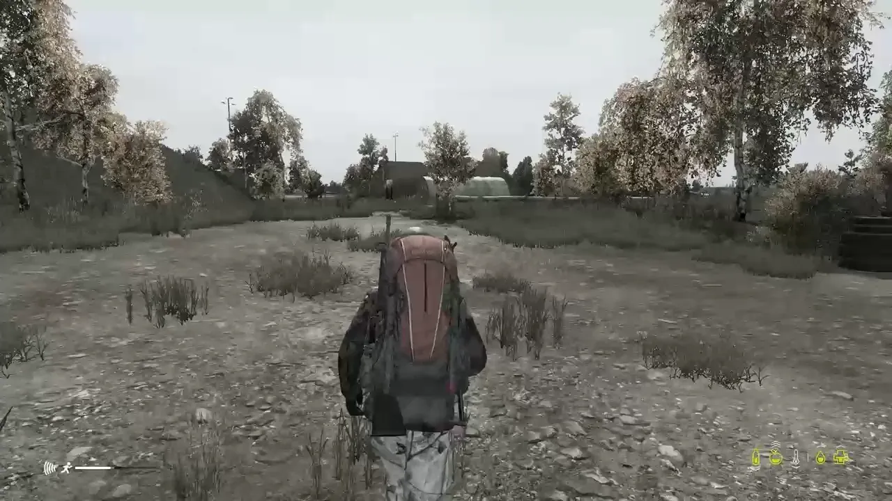 герой с большим рюкзаком идет в деревню в DayZ