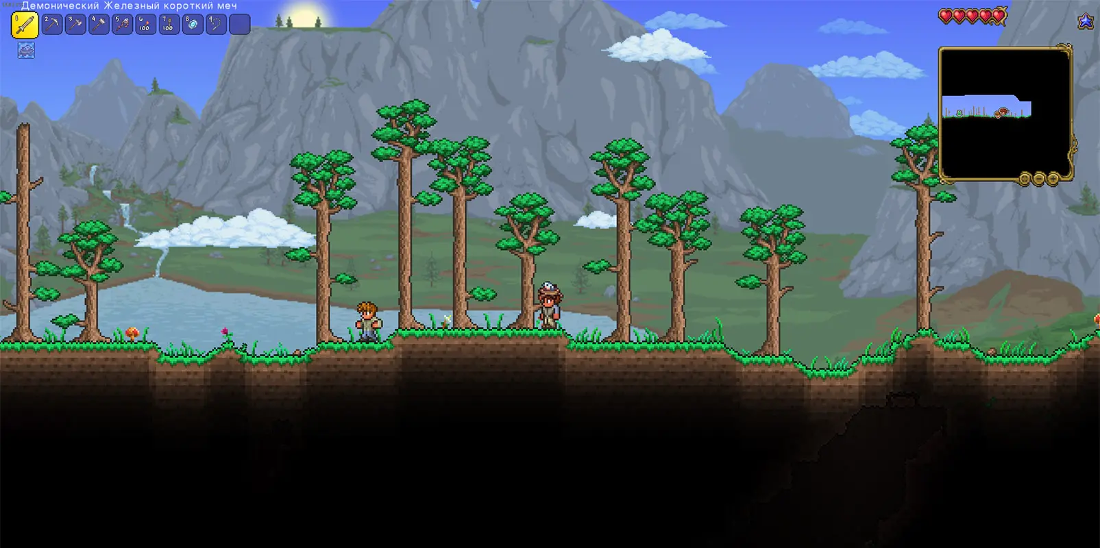 прогулка по лесу с видом на горы в Terraria