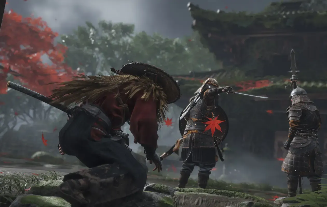 Дзин нападает сзади на соперников в Ghost of Tsushima