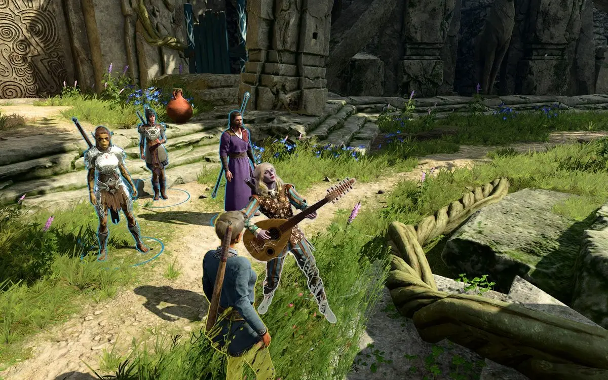 герои играют на музыкальных инструментах в Baldur's Gate 3