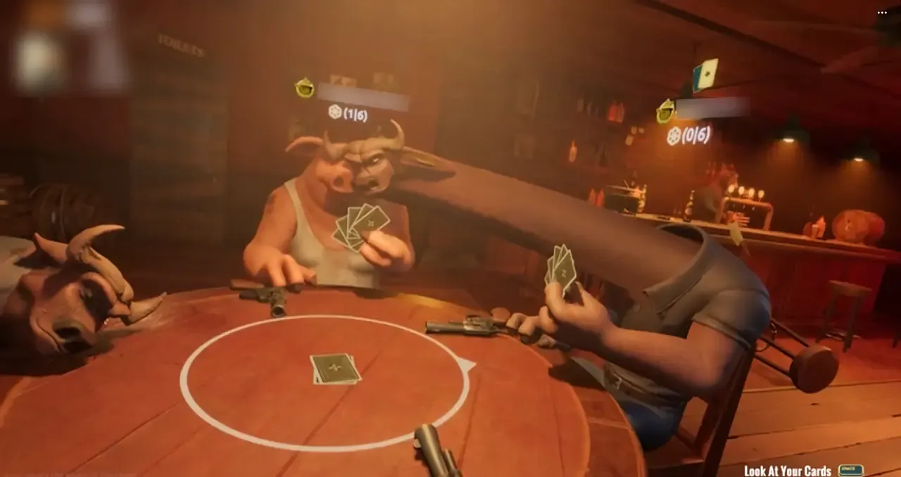 бык подглядывает в карты у свиньи в Liar's Bar