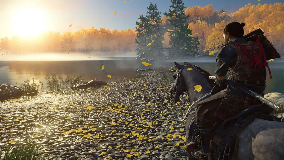 красивый листопад на берегу реки в Ghost of Tsushima