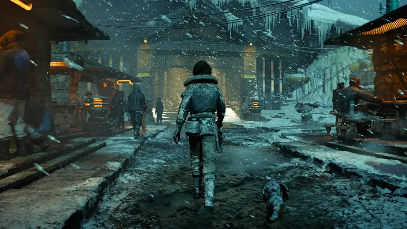 героиня идет по заснеженной улице в Star Wars Outlaws