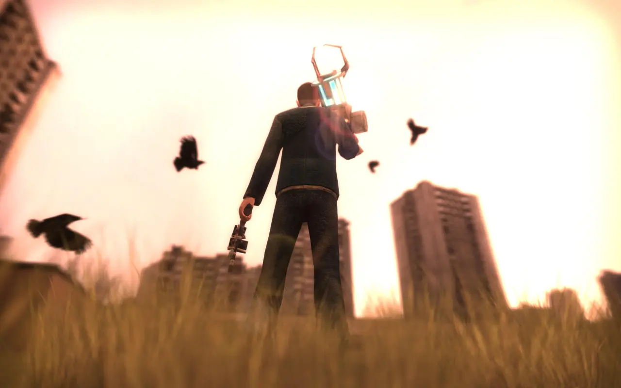 герой с оружием стоит около домов в Garry's Mod
